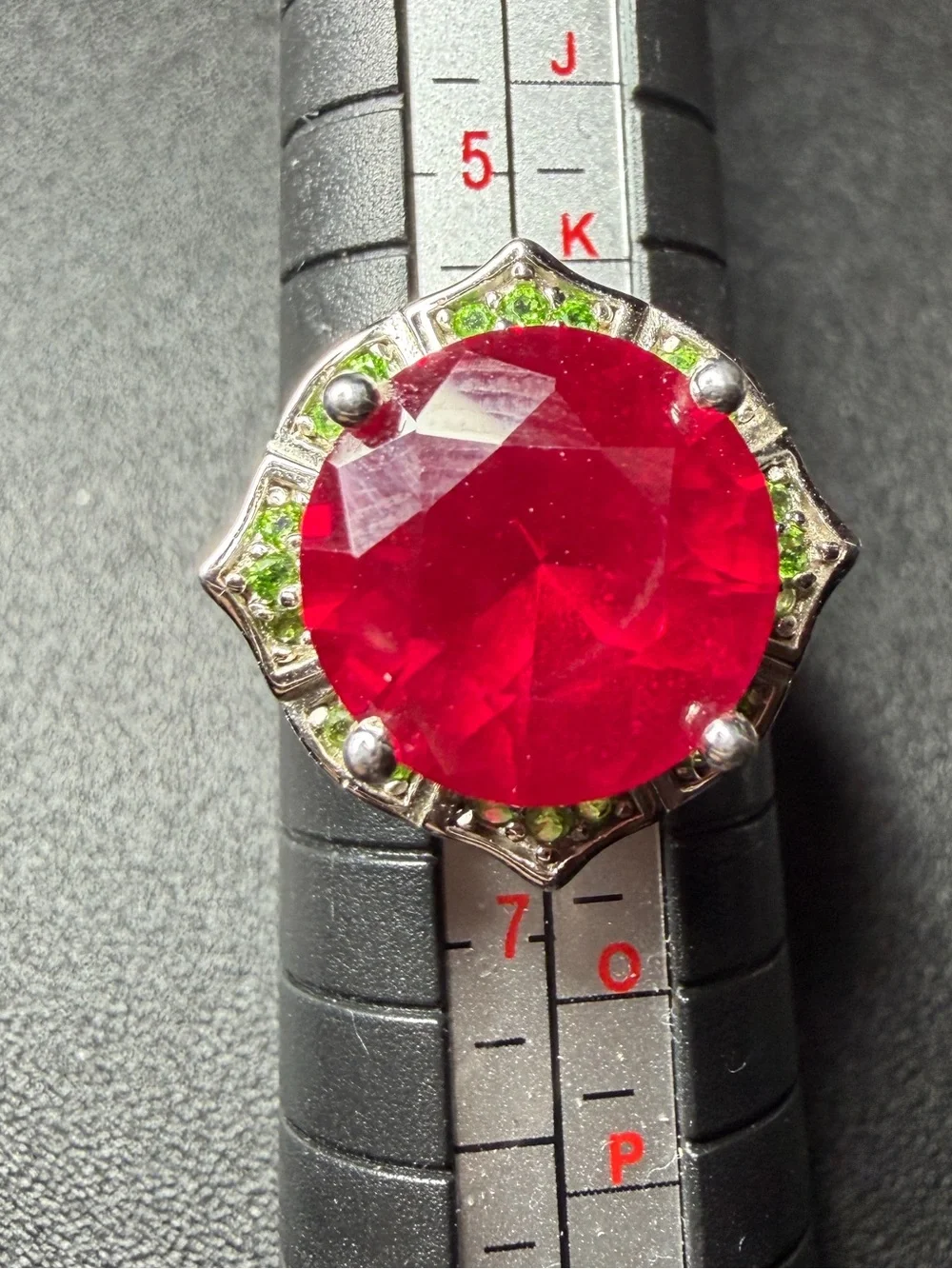 Sterling Silver Ring with Large Fuchsia and Green Accent Stones size 6